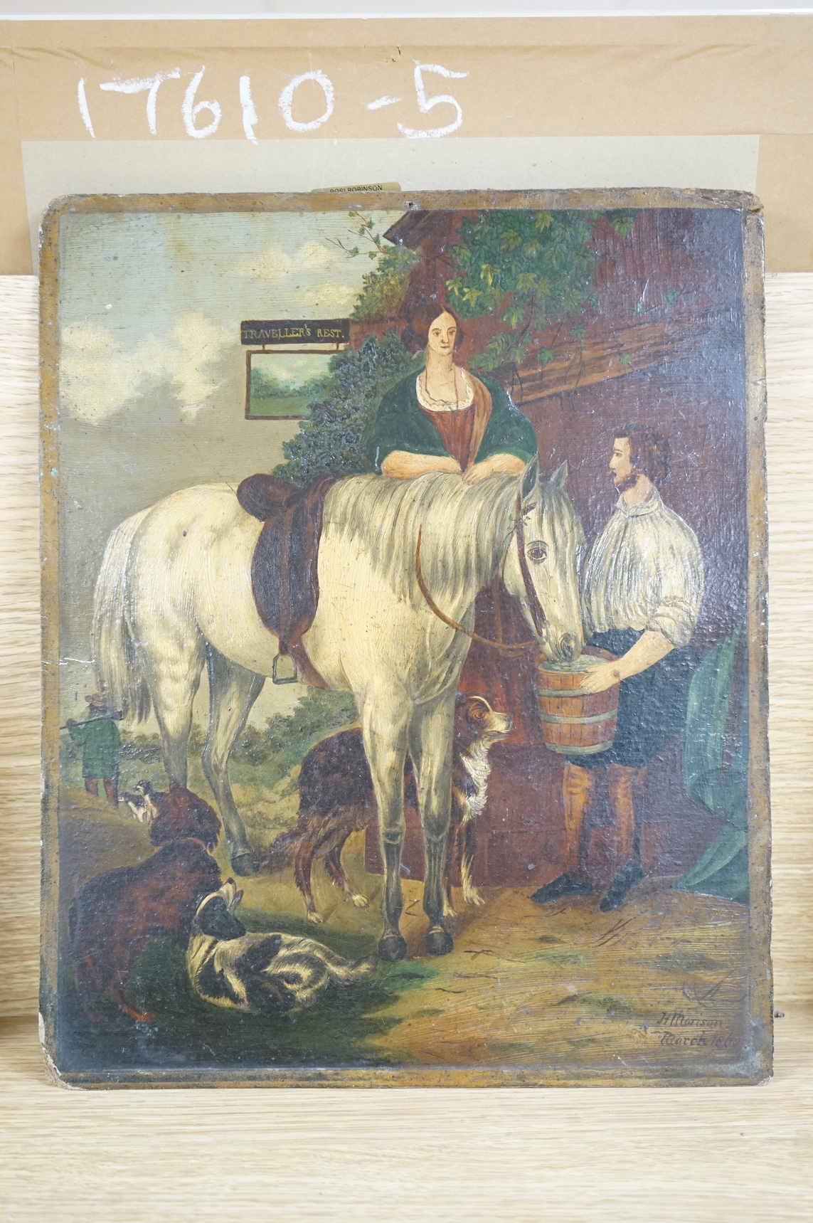 H. Morison, 19th century, Naïve school, oil on board, Horse watering before a tavern, signed and dated March 1866, unframed, 35 x 29cm. Condition - in need of a clean